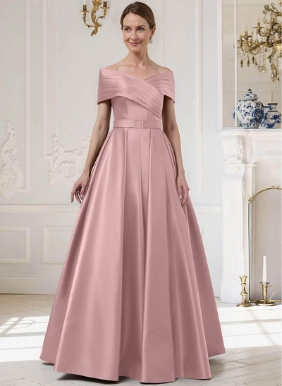A-Line Off-The-Shoulder Sleeveless Floor-Length Satin Mother Of The Bride Dresses