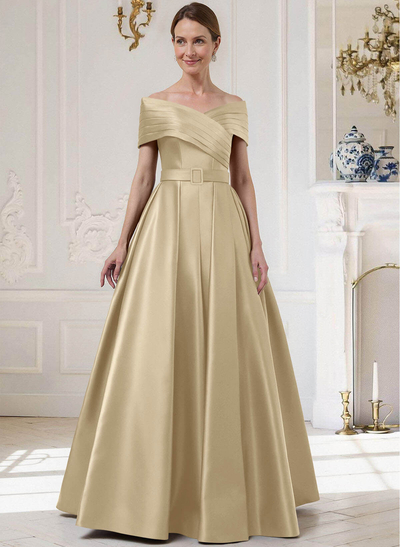 A-Line Off-The-Shoulder Sleeveless Floor-Length Satin Mother Of The Bride Dresses