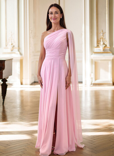 A-Line One-Shoulder Sleeveless Floor-Length Chiffon Mother Of The Bride Dresses With High Split