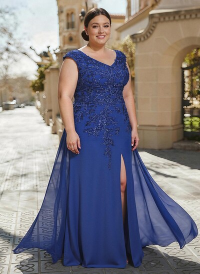 Sheath/Column V-Neck Sleeveless Chiffon Mother Of The Bride Dresses With Appliques Lace/High Split