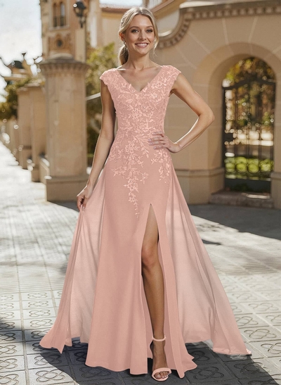 Sheath/Column V-Neck Sleeveless Chiffon Mother Of The Bride Dresses With Appliques Lace/High Split