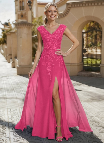 Sheath/Column V-Neck Sleeveless Chiffon Mother Of The Bride Dresses With Appliques Lace/High Split