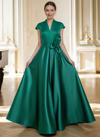 A-Line V-Neck Sleeveless Floor-Length Satin Mother Of The Bride Dresses With Flower(s)