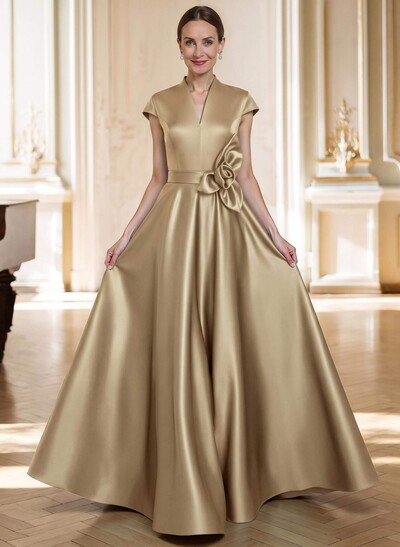 A-Line V-Neck Sleeveless Floor-Length Satin Mother Of The Bride Dresses With Flower(s)