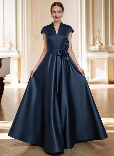 A-Line V-Neck Sleeveless Floor-Length Satin Mother Of The Bride Dresses With Flower(s)