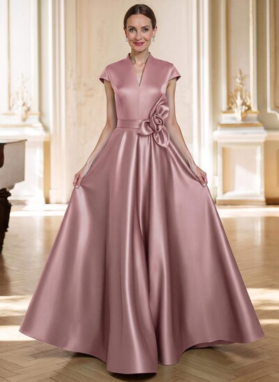 A-Line V-Neck Sleeveless Floor-Length Satin Mother Of The Bride Dresses With Flower(s)