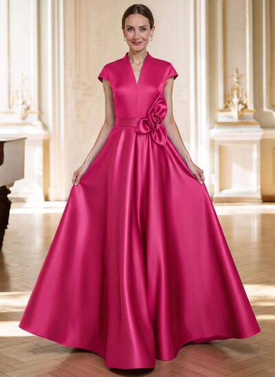 A-Line V-Neck Sleeveless Floor-Length Satin Mother Of The Bride Dresses With Flower(s)