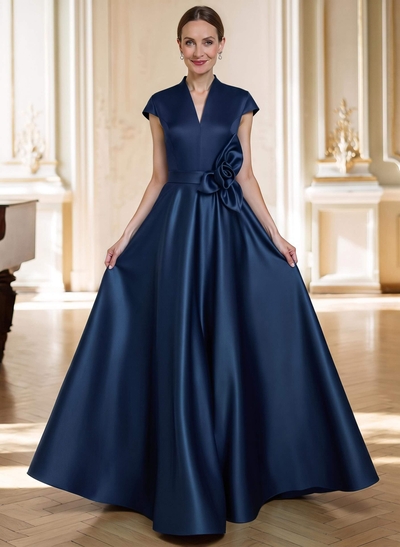 A-Line V-Neck Sleeveless Floor-Length Satin Mother Of The Bride Dresses With Flower(s)