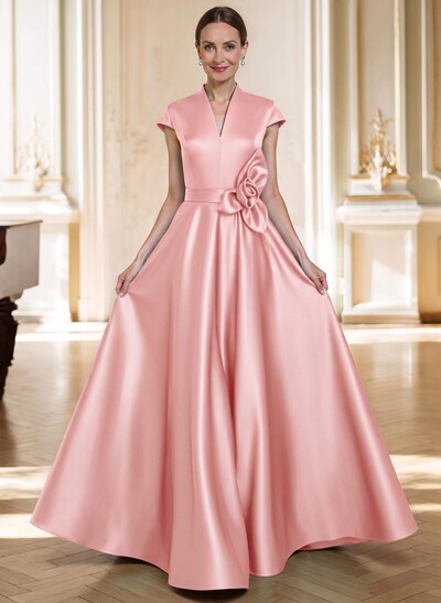 A-Line V-Neck Sleeveless Floor-Length Satin Mother Of The Bride Dresses With Flower(s)