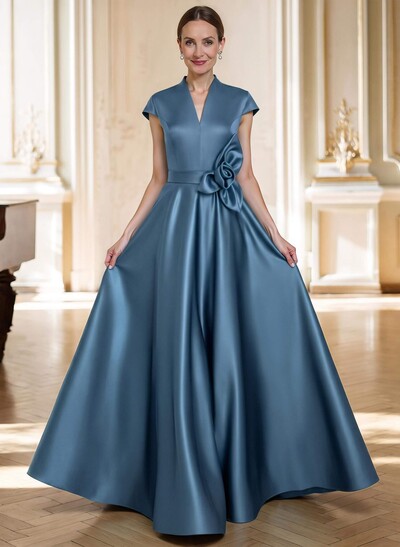 A-Line V-Neck Sleeveless Floor-Length Satin Mother Of The Bride Dresses With Flower(s)