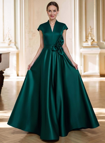 A-Line V-Neck Sleeveless Floor-Length Satin Mother Of The Bride Dresses With Flower(s)