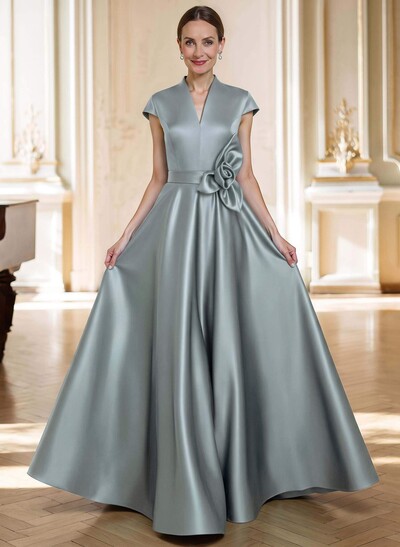 A-Line V-Neck Sleeveless Floor-Length Satin Mother Of The Bride Dresses With Flower(s)