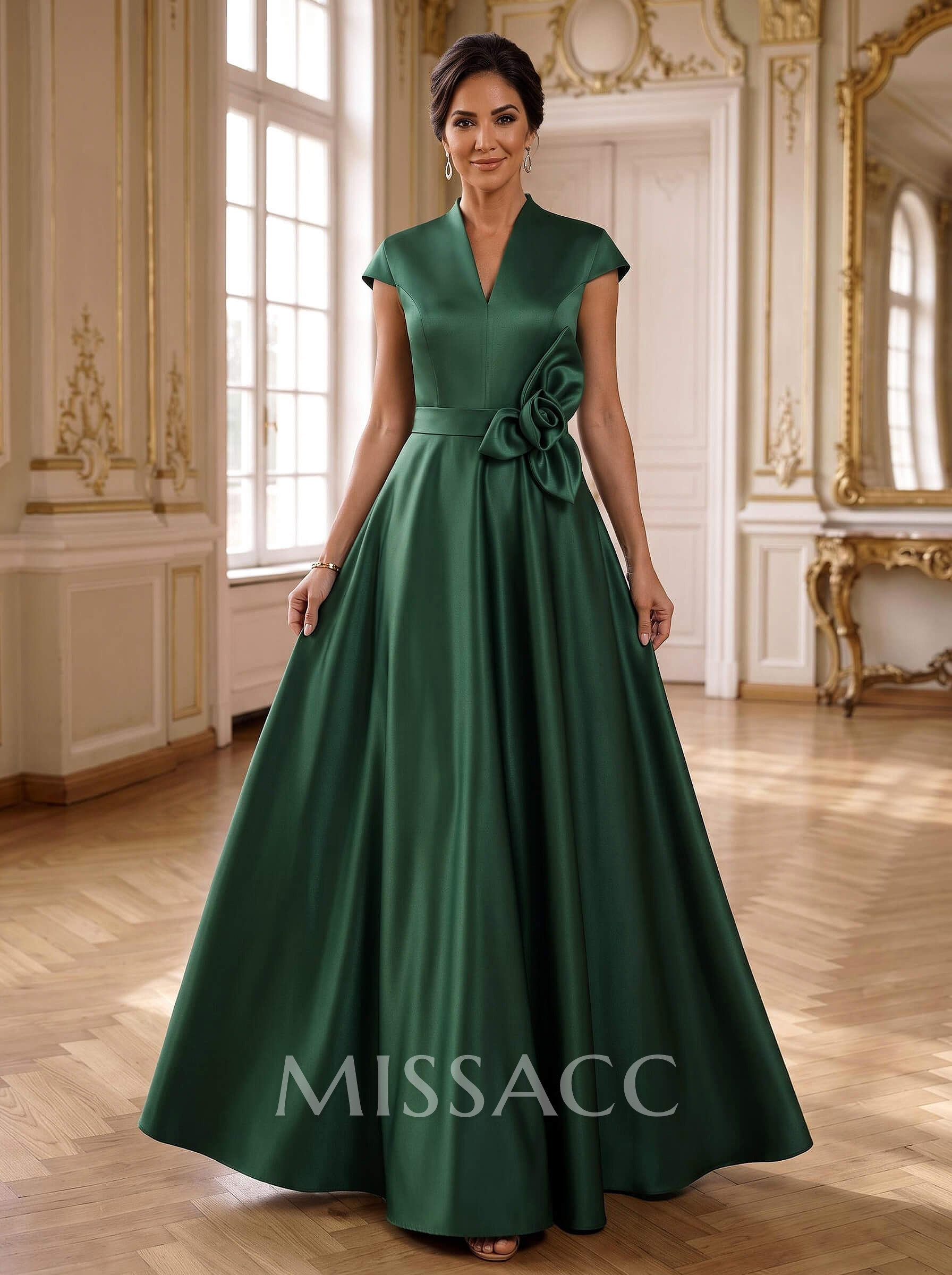 A-Line V-Neck Sleeveless Floor-Length Satin Mother Of The Bride Dresses With Flower(s) A-Line V-Neck Sleeveless Floor-Length Satin Mother Of The Bride Dresses With Flower(s)