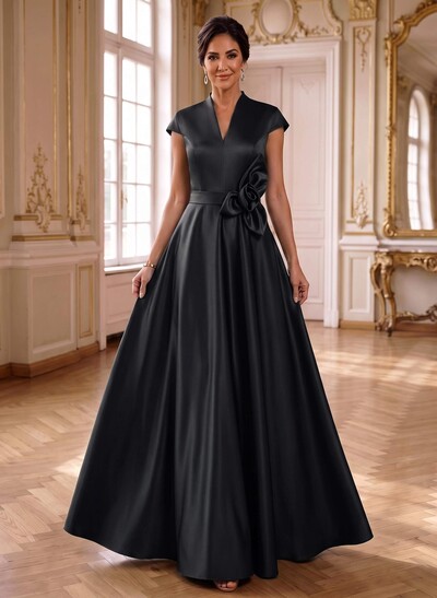 Sleeveless V-Neck A-Line Floor-Length Satin Mother Of The Bride Dress With Floral Accents