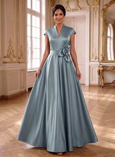 A-Line V-Neck Sleeveless Floor-Length Satin Mother Of The Bride Dresses With Flower(s)