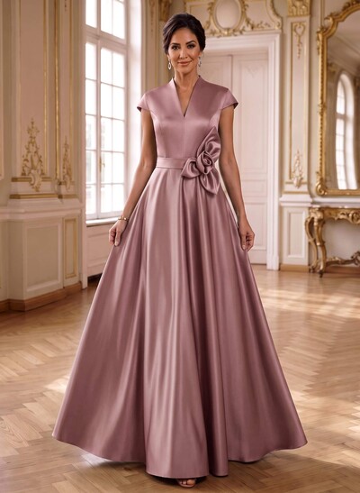 Sleeveless V-Neck A-Line Floor-Length Satin Mother Of The Bride Dress With Floral Accents