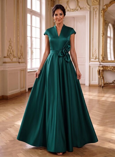 A-Line V-Neck Sleeveless Floor-Length Satin Mother Of The Bride Dresses With Flower(s)
