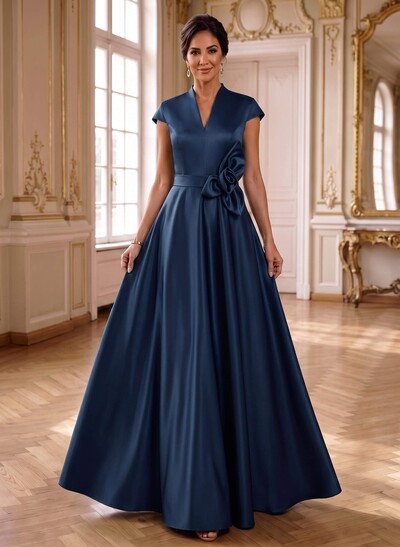 A-Line V-Neck Sleeveless Floor-Length Satin Mother Of The Bride Dresses With Flower(s)