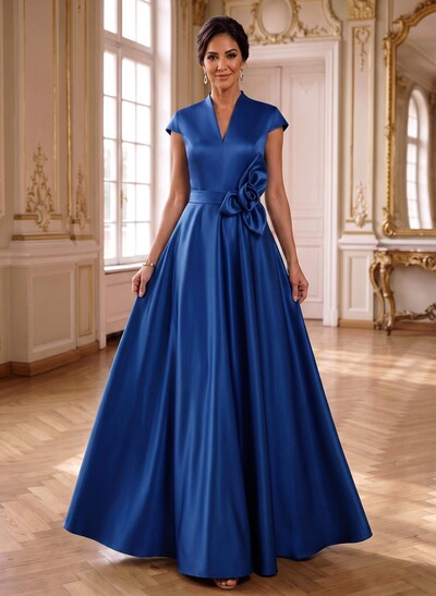 A-Line V-Neck Sleeveless Floor-Length Satin Mother Of The Bride Dresses With Flower(s)