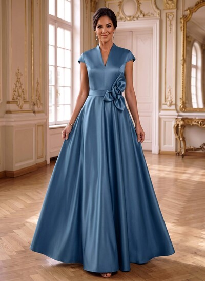 A-Line V-Neck Sleeveless Floor-Length Satin Mother Of The Bride Dress With Flowers