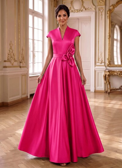 A-Line V-Neck Sleeveless Floor-Length Satin Mother Of The Bride Dresses With Flower(s)