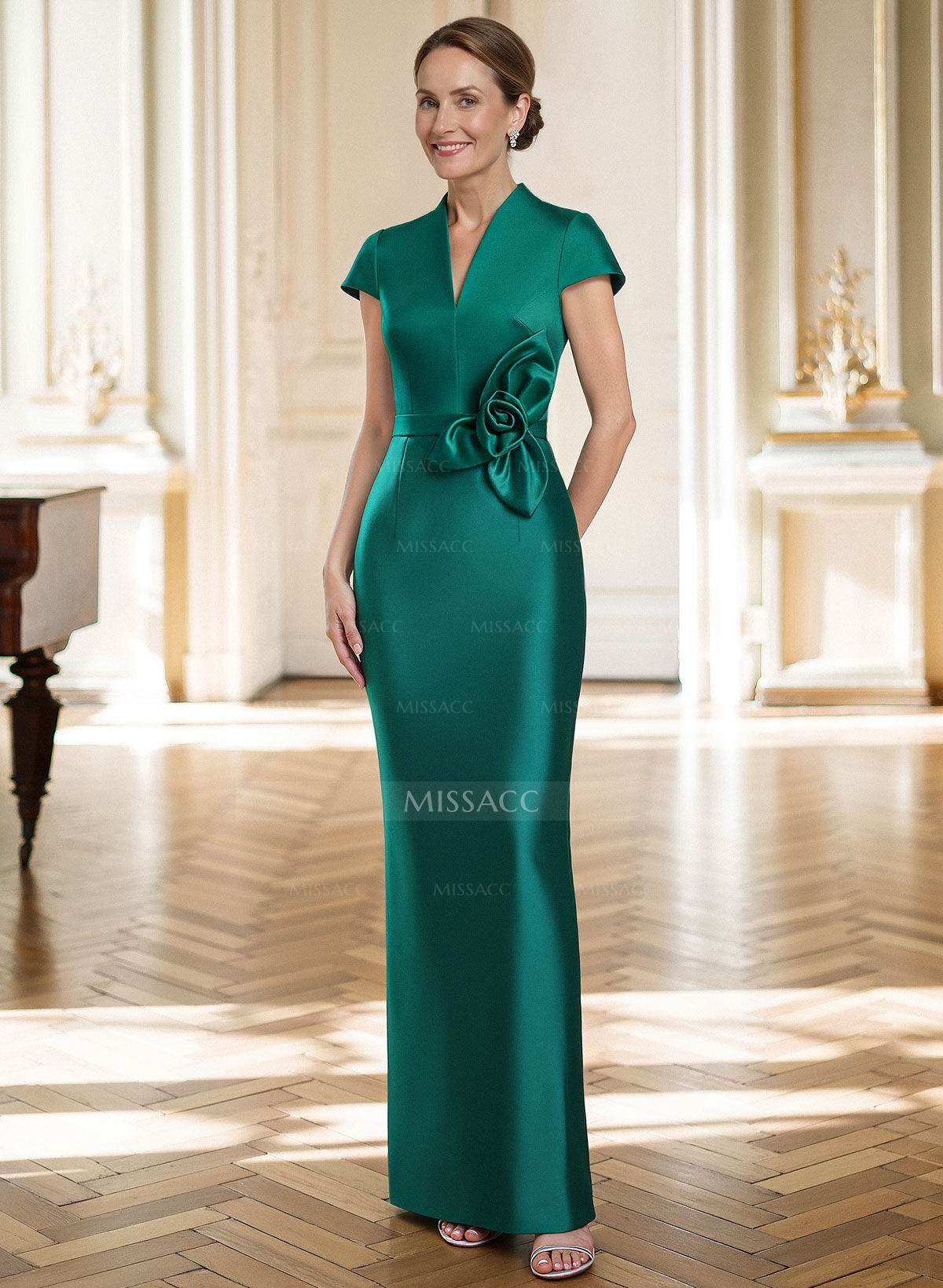 Sheath/Column V-Neck Sleeveless Floor-Length Satin Mother Of The Bride Dresses With Flower(s)