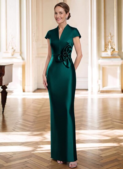 Sheath/Column V-Neck Sleeveless Floor-Length Satin Mother Of The Bride Dresses With Flower(s)
