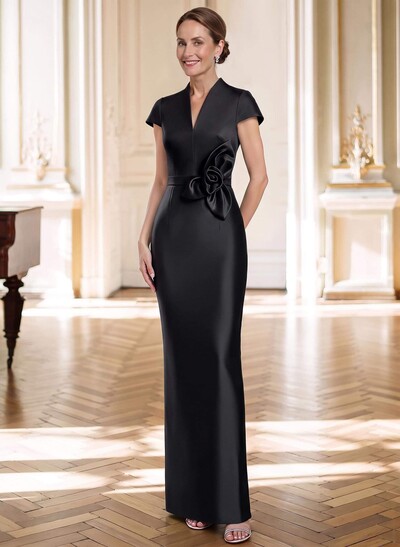 Floor-Length Satin Sheath V-Neck Sleeveless Mother Of The Bride Dress With Floral Accents