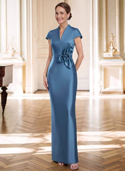 Sleeveless V-Neck Satin Sheath/Column Floor-Length Mother Of The Bride Dress With Flowers