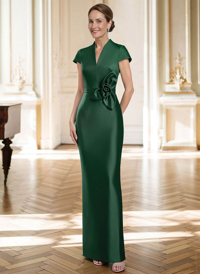 Sheath/Column V-Neck Sleeveless Floor-Length Satin Mother Of The Bride Dresses With Flower(s)