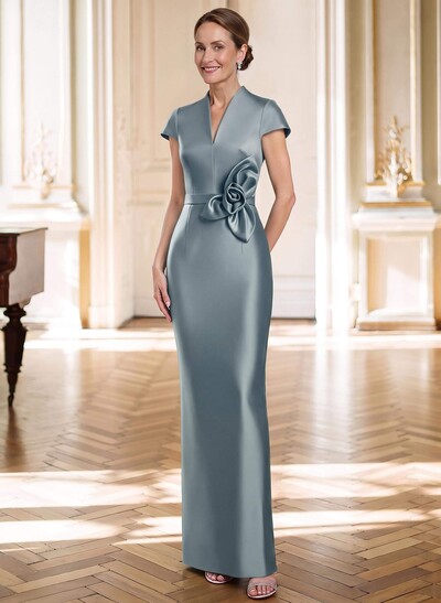 Sheath/Column V-Neck Sleeveless Floor-Length Satin Mother Of The Bride Dresses With Flower(s)