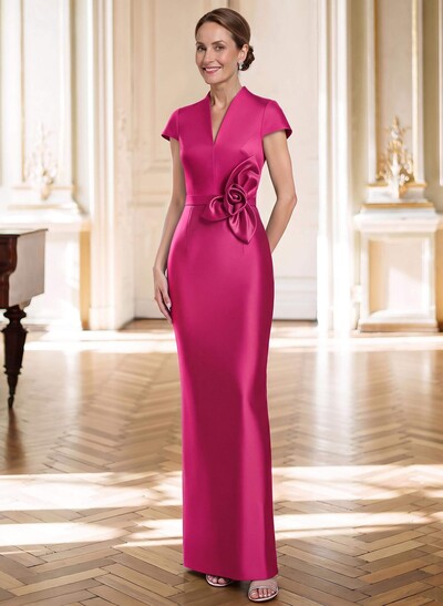 Floor-Length Satin Sheath V-Neck Sleeveless Mother Of The Bride Dress With Floral Accents