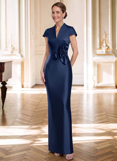 Sheath/Column V-Neck Sleeveless Floor-Length Satin Mother Of The Bride Dresses With Flower(s)
