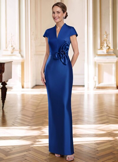 Sheath/Column V-Neck Sleeveless Floor-Length Satin Mother Of The Bride Dresses With Flower(s)