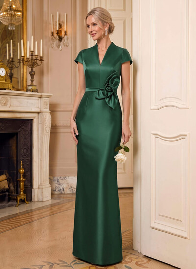 Sheath/Column V-Neck Sleeveless Floor-Length Satin Mother Of The Bride Dresses With Flower(s)