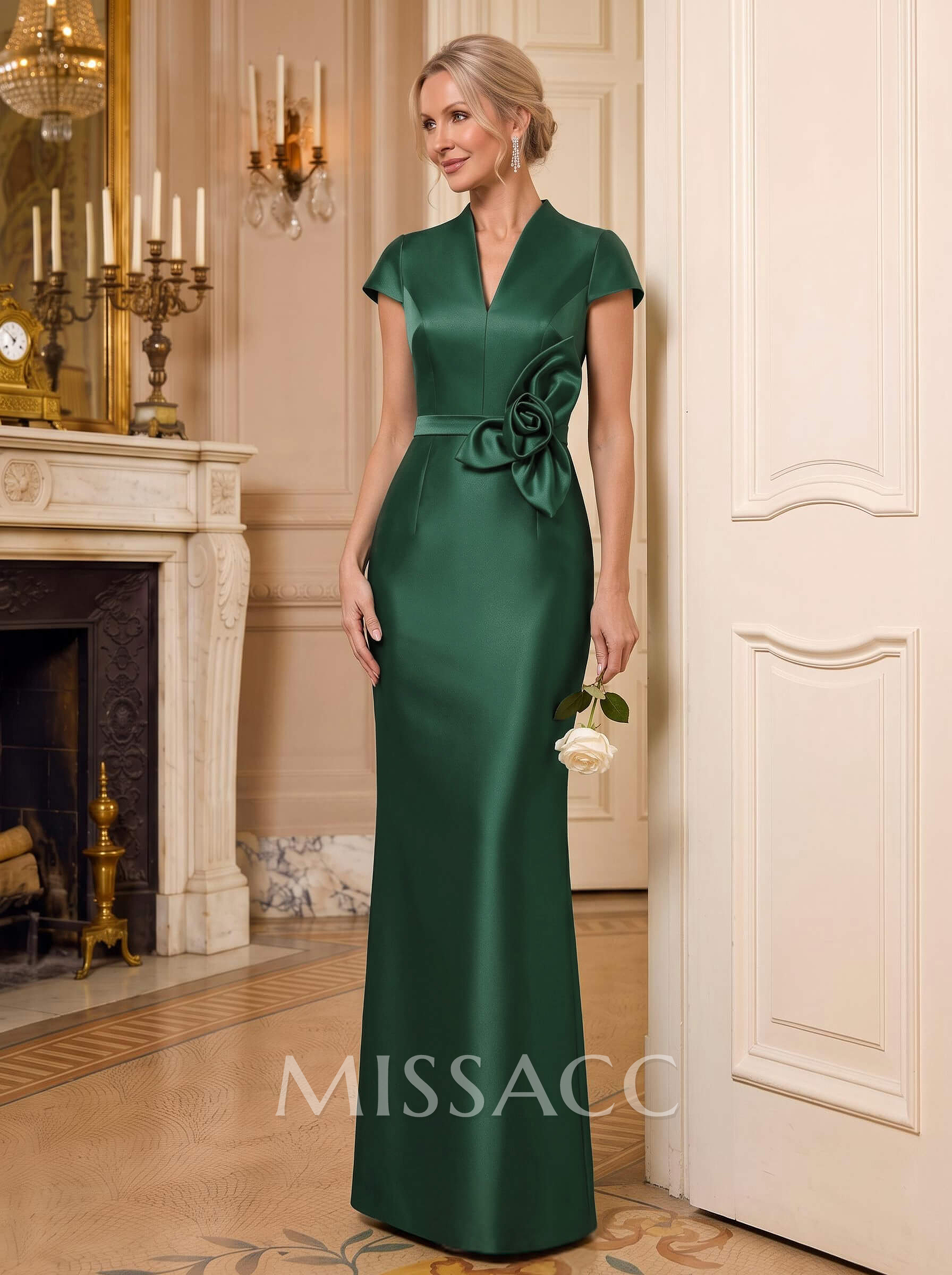 Sheath/Column V-Neck Sleeveless Floor-Length Satin Mother Of The Bride Dresses With Flower(s)