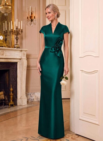 Sheath/Column V-Neck Sleeveless Floor-Length Satin Mother Of The Bride Dresses With Flower(s)