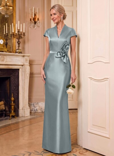 Sheath/Column V-Neck Sleeveless Floor-Length Satin Mother Of The Bride Dresses With Flower(s)