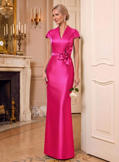 Sleeveless V-Neck Satin Sheath/Column Floor-Length Mother Of The Bride Dress With Flowers