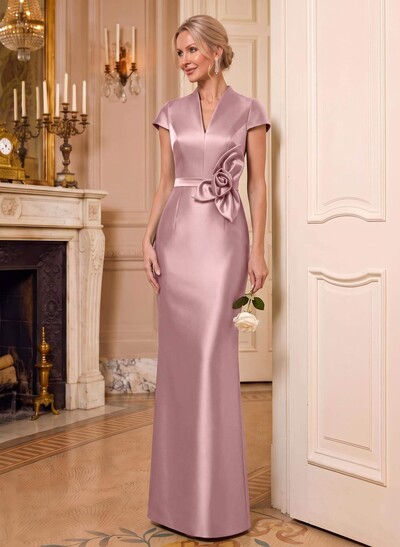 Sheath/Column V-Neck Sleeveless Floor-Length Satin Mother Of The Bride Dresses With Flower(s)