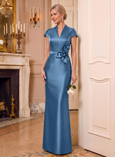 Sheath/Column V-Neck Sleeveless Floor-Length Satin Mother Of The Bride Dresses With Flower(s)
