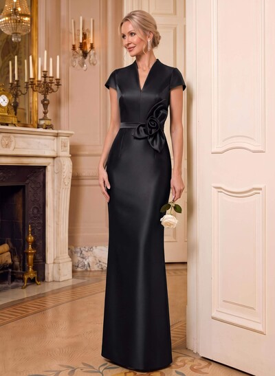 Sleeveless V-Neck Satin Sheath/Column Floor-Length Mother Of The Bride Dress With Flowers