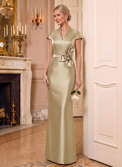 Sheath/Column V-Neck Sleeveless Floor-Length Satin Mother Of The Bride Dresses With Flower(s)