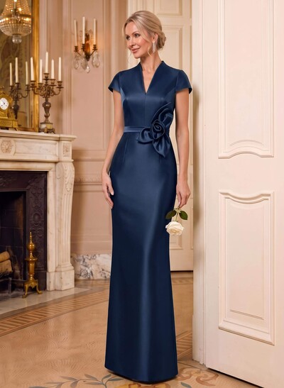 Sheath/Column V-Neck Sleeveless Floor-Length Satin Mother Of The Bride Dresses With Flower(s)