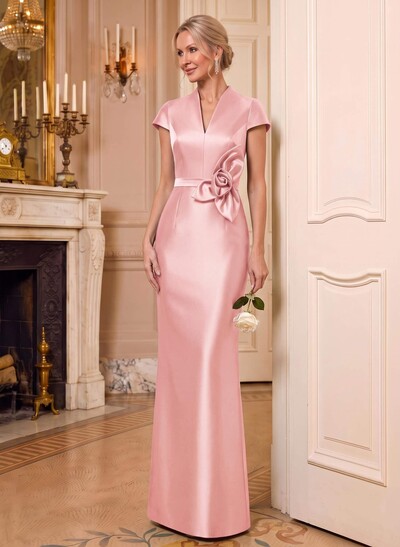 Sheath/Column V-Neck Sleeveless Floor-Length Satin Mother Of The Bride Dresses With Flower(s)