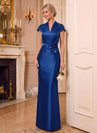 Sheath/Column V-Neck Sleeveless Floor-Length Satin Mother Of The Bride Dresses With Flower(s)