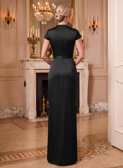 Sleeveless V-Neck Satin Sheath/Column Floor-Length Mother Of The Bride Dress With Flowers