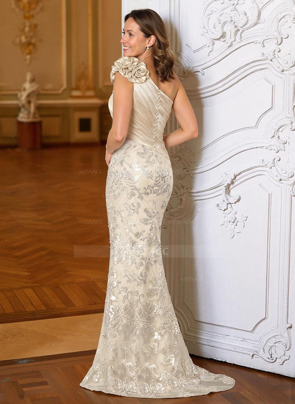 Sheath/Column One-Shoulder Sweep Train Satin Mother Of The Bride Dresses With Appliques Lace
