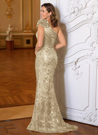 Sheath/Column One-Shoulder Sweep Train Satin Mother Of The Bride Dresses With Appliques Lace
