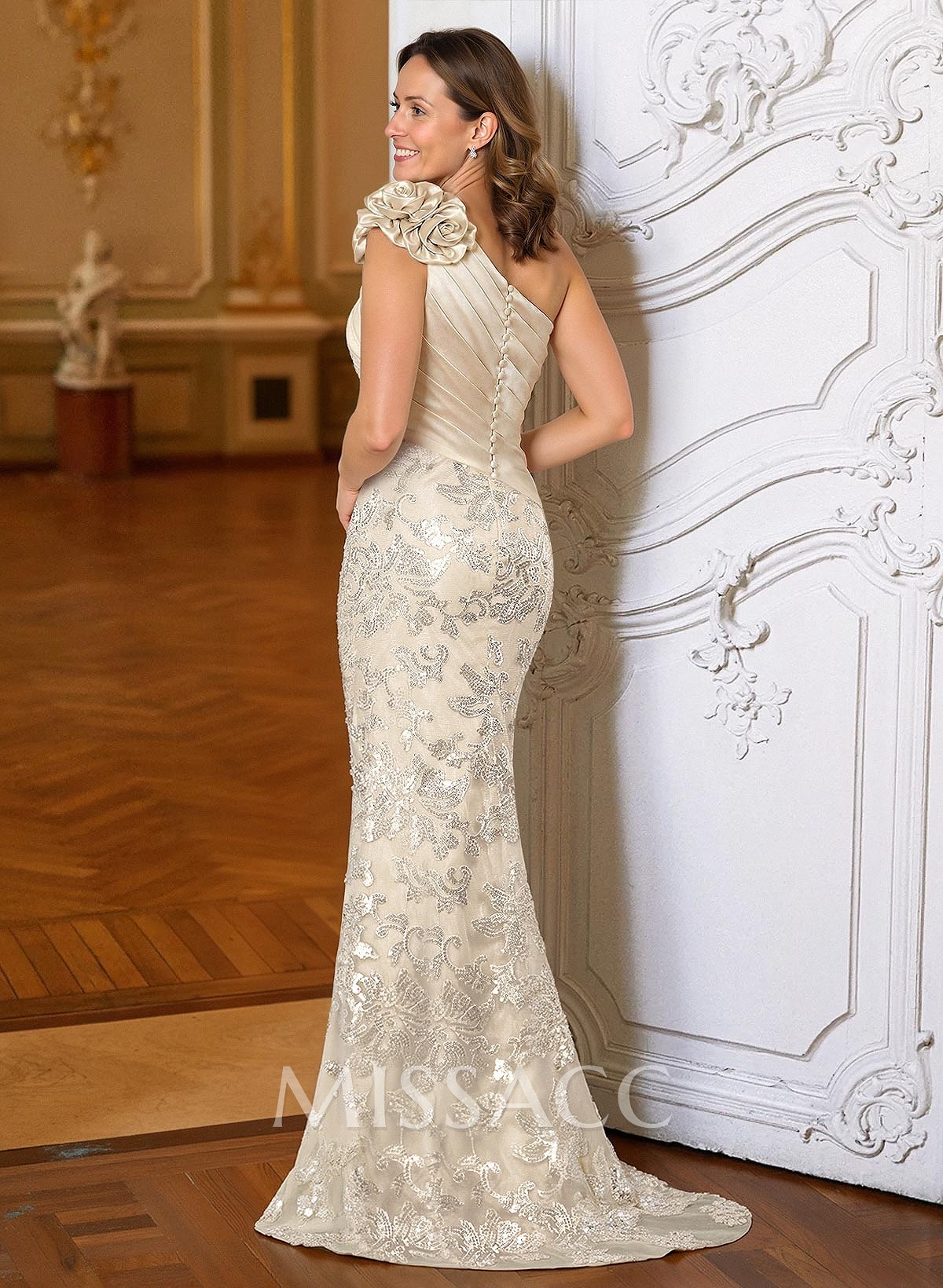 Sheath/Column One-Shoulder Sweep Train Satin Mother Of The Bride Dresses With Appliques Lace Sheath/Column One-Shoulder Sweep Train Satin Mother Of The Bride Dresses With Appliques Lace
